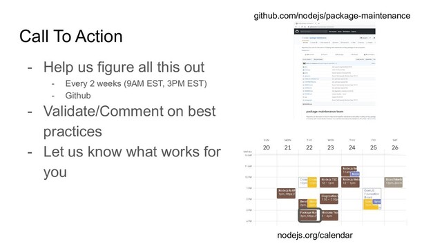 Call To Action
- Help us figure all this out
- Every 2 weeks (9AM EST, 3PM EST)
- Github
- Validate/Comment on best
practices
- Let us know what works for
you
github.com/nodejs/package-maintenance
nodejs.org/calendar
