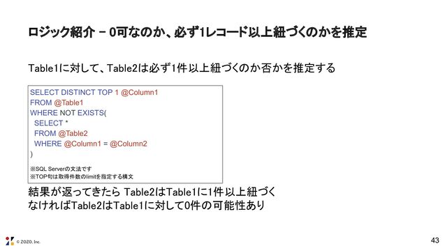 © ZOZO, Inc.
43
ロジック紹介 - 0可なのか、必ず1レコード以上紐づくのかを推定 
SELECT DISTINCT TOP 1 @Column1
FROM @Table1
WHERE NOT EXISTS(
SELECT *
FROM @Table2
WHERE @Column1 = @Column2
)
※SQL Serverの文法です
※TOP句は取得件数のlimitを指定する構文
結果が返ってきたら Table2はTable1に1件以上紐づく 
なければTable2はTable1に対して0件の可能性あり 
Table1に対して、Table2は必ず1件以上紐づくのか否かを推定する 
