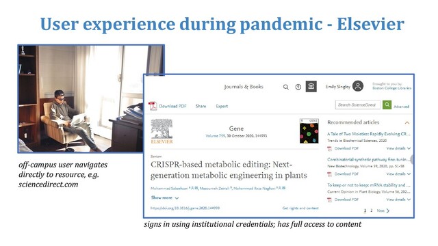 User experience during pandemic - Elsevier
off-campus user navigates
directly to resource, e.g.
sciencedirect.com
signs in using institutional credentials; has full access to content
