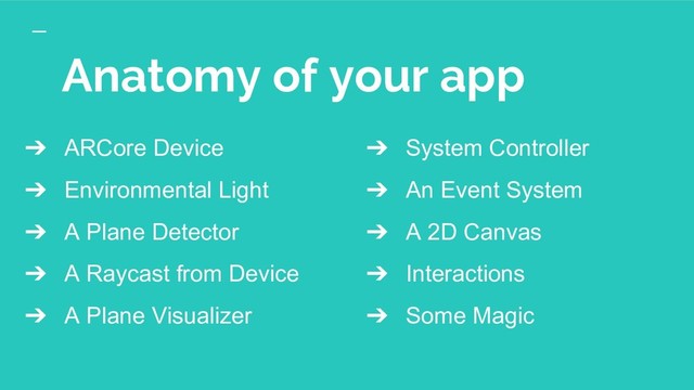 Anatomy of your app
➔ ARCore Device
➔ Environmental Light
➔ A Plane Detector
➔ A Raycast from Device
➔ A Plane Visualizer
➔ System Controller
➔ An Event System
➔ A 2D Canvas
➔ Interactions
➔ Some Magic
