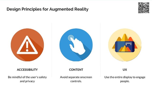 Design Principles for Augmented Reality
ACCESSIBILITY
Be mindful of the user's safety
and privacy
CONTENT
Avoid separate onscreen
controls.
UX
Use the entire display to engage
people.

