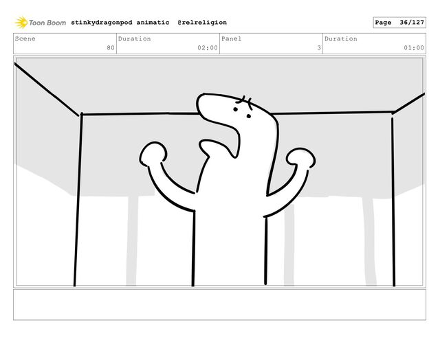 Scene
80
Duration
02:00
Panel
3
Duration
01:00
stinkydragonpod animatic @relreligion Page 36/127
