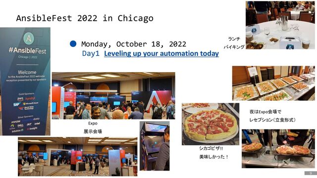 9
AnsibleFest 2022 in Chicago
● Monday, October 18, 2022
Day1 Leveling up your automation today
Expo
展示会場
ランチ
バイキング
夜はExpo会場で
レセプション（立食形式）
シカゴピザ!!
美味しかった！
