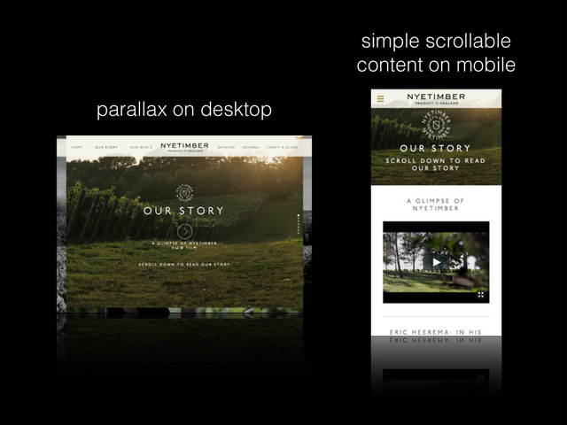simple scrollable
content on mobile
parallax on desktop
