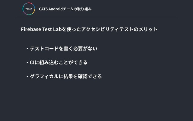 CATS Androidチームの取り組み
min
Firebase Test Labを使ったアクセシビリティテストのメリット
‧テストコードを書く必要がない
‧CIに組み込むことができる
‧グラフィカルに結果を確認できる
