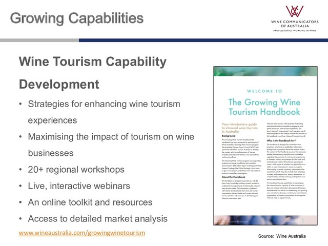 Growing Capabilities
Wine Tourism Capability
Development
• Strategies for enhancing wine tourism
experiences
• Maximising the impact of tourism on wine
businesses
• 20+ regional workshops
• Live, interactive webinars
• An online toolkit and resources
• Access to detailed market analysis
www.wineaustralia.com/growingwinetourism
Source: Wine Australia
