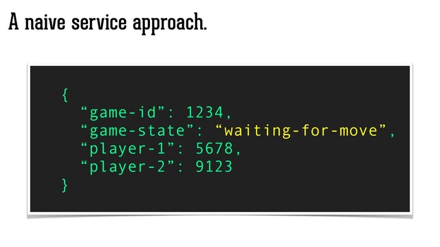 A naive service approach.
{
“game-id”: 1234,
“game-state”: “waiting-for-move”,
“player-1”: 5678,
“player-2”: 9123
}
