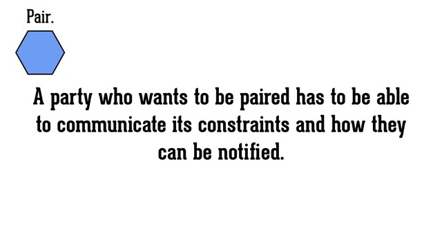 Pair.
A party who wants to be paired has to be able
to communicate its constraints and how they
can be notiﬁed.
