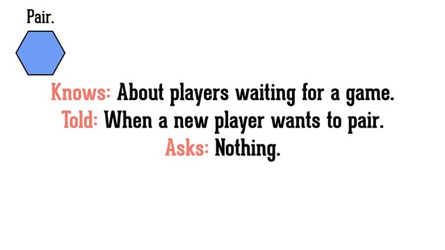Pair.
Knows: About players waiting for a game.
Told: When a new player wants to pair.
Asks: Nothing.
