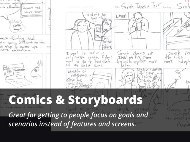 Comics & Storyboards
Great for getting to people focus on goals and
scenarios instead of features and screens.
