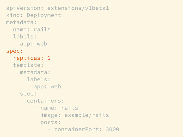 apiVersion: extensions/v1beta1
kind: Deployment
metadata:
name: rails
labels:
app: web
spec:
replicas: 1
template:
metadata:
labels:
app: web
spec:
containers:
- name: rails
image: example/rails
ports:
- containerPort: 3000
