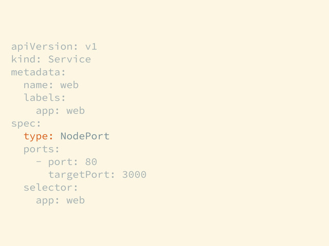 apiVersion: v1
kind: Service
metadata:
name: web
labels:
app: web
spec:
type: NodePort
ports:
- port: 80
targetPort: 3000
selector:
app: web
