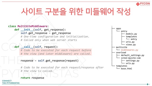 사이트 구분을 위한 미들웨어 작성
class MultiSiteMiddleware:
def __init__(self, get_response):
self.get_response = get_response
# One-time configuration and initialization.
# Called only when web server starts
def __call__(self, request):
# Code to be executed for each request before
# the view (and later middleware) are called.
response = self.get_response(request)
# Code to be executed for each request/response after
# the view is called.
return response
.
├── apps
│ └── entry
│ ├── models.py
│ ├── templates
│ │ └── entry
│ ├── urls.py
│ └── views.py
├── multisite
│ └── middlewares.py
├── overload
│ ├── default_settings.py
│ └── site2-mysite-com
│ ├── settings.py
│ └── urls.py
└── templates
└── base.html
