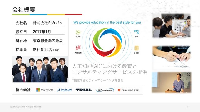 2018 Kikagaku, Inc. All Rights Reserved 2
会社概要
*機械学習とディープラーニングを含む
協力会社
会社名 株式会社キカガク
設立日 2017年1月
所在地 東京都豊島区池袋
従業員 正社員11名＋4名
PLAN
ACTION
DO
CHECK
We provide education in the best style for you
人工知能(AI)*における教育と
コンサルティングサービスを提供
