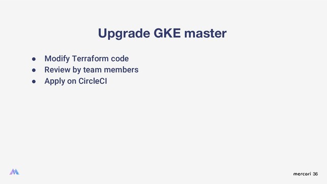 36
Upgrade GKE master
● Modify Terraform code
● Review by team members
● Apply on CircleCI
