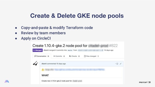 38
Create & Delete GKE node pools
● Copy-and-paste & modify Terraform code
● Review by team members
● Apply on CircleCI
