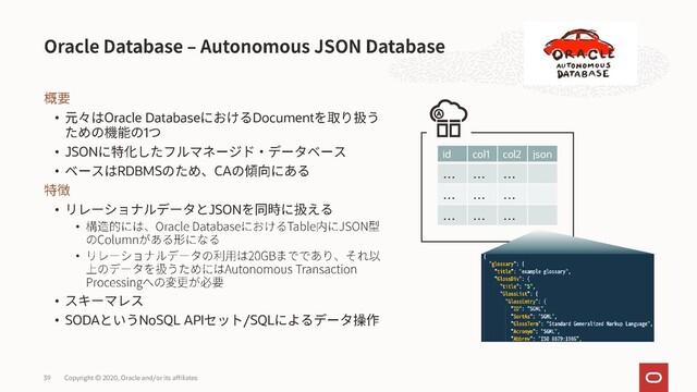 • Oracle Database Document
1
• JSON
• RDBMS CA
• JSON
•
•
•
• SODA NoSQL API /SQL
Copyright © 2020, Oracle and/or its affiliates
39
id col1 col2 json
… … …
… … …
… … …
