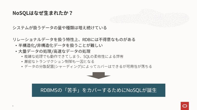 RDB
• /
• /
•
•
•
9
RDBMS NoSQL

