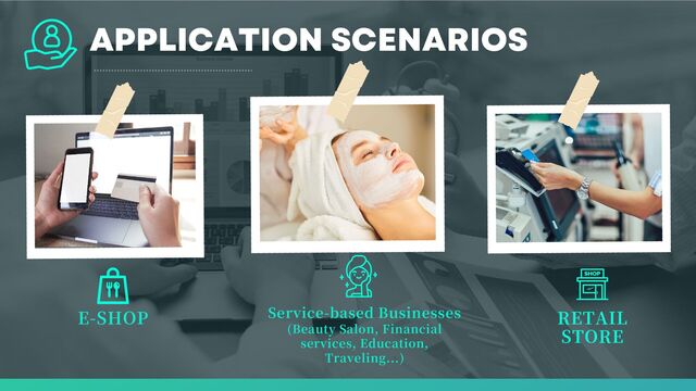 APPLICATION SCENARIOS
E-SHOP RETAIL
STORE
Service-based Businesses
(Beauty Salon, Financial
services, Education,
Traveling...)
