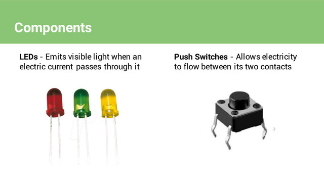 LEDs - Emits visible light when an
electric current passes through it
Push Switches - Allows electricity
to flow between its two contacts
Components
