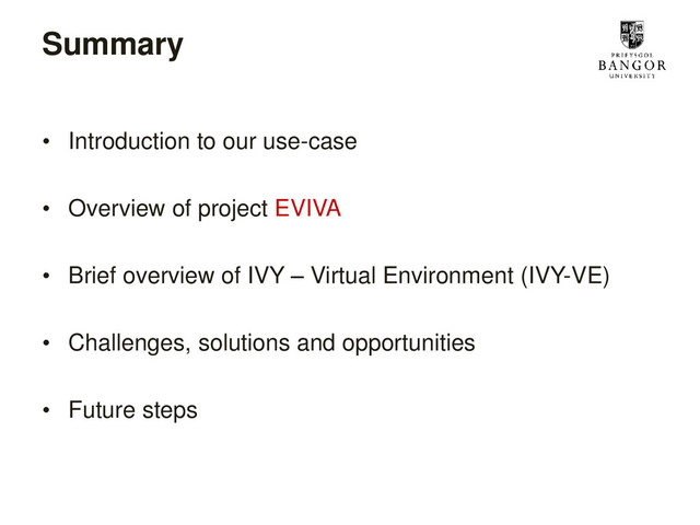 Summary
• Introduction to our use-case
• Overview of project EVIVA
• Brief overview of IVY – Virtual Environment (IVY-VE)
• Challenges, solutions and opportunities
• Future steps
