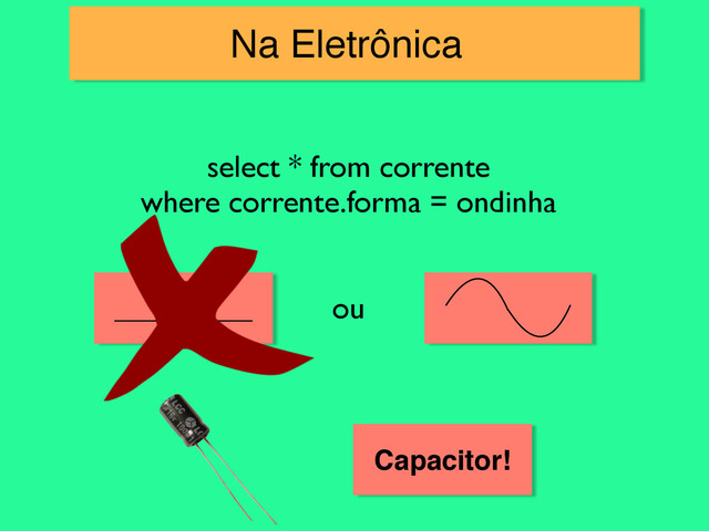 Na Eletrônica
select * from corrente
where corrente.forma = ondinha
_________ ou
Capacitor!

