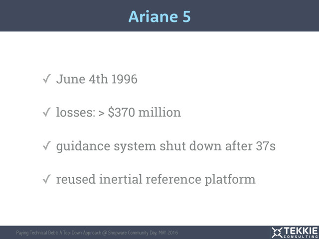 Paying Technical Debt: A Top-Down Approach @ Shopware Community Day, MAY 2016
✓ June 4th 1996
✓ losses: > $370 million
✓ guidance system shut down after 37s
✓ reused inertial reference platform
Ariane 5
