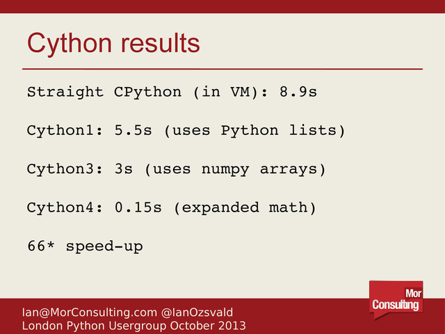 Ian@MorConsulting.com @IanOzsvald
London Python Usergroup October 2013
Cython results
Straight CPython (in VM): 8.9s
Cython1: 5.5s (uses Python lists)
Cython3: 3s (uses numpy arrays)
Cython4: 0.15s (expanded math)
66* speed­up
