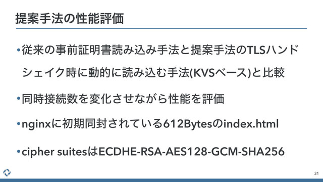 •ैདྷͷࣄલূ໌ॻಡΈࠐΈख๏ͱఏҊख๏ͷTLSϋϯυ
γΣΠΫ࣌ʹಈతʹಡΈࠐΉख๏(KVSϕʔε)ͱൺֱ
•ಉ࣌઀ଓ਺ΛมԽͤ͞ͳ͕ΒੑೳΛධՁ
•nginxʹॳظಉ෧͞Ε͍ͯΔ612Bytesͷindex.html
•cipher suites͸ECDHE-RSA-AES128-GCM-SHA256
31
ఏҊख๏ͷੑೳධՁ
