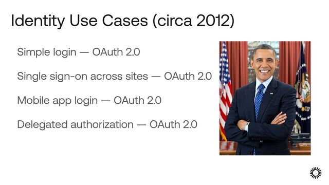 Simple login — OAuth 2.0


Single sign-on across sites — OAuth 2.0


Mobile app login — OAuth 2.0


Delegated authorization — OAuth 2.0
Identity Use Cases (circa 2012)
