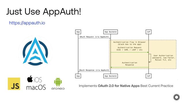 Just Use AppAuth!
https://appauth.io
Implements OAuth 2.0 for Native Apps Best Current Practice
