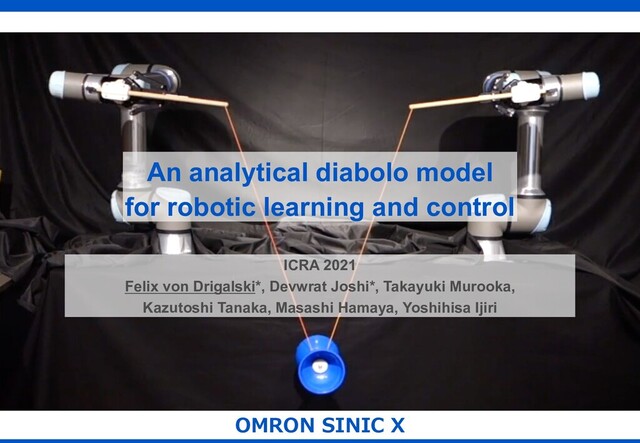 OMRON SINIC X
An analytical diabolo model
for robotic learning and control
ICRA 2021
Felix von Drigalski*, Devwrat Joshi*, Takayuki Murooka,
Kazutoshi Tanaka, Masashi Hamaya, Yoshihisa Ijiri
