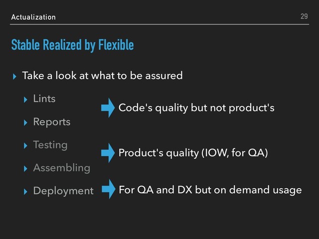 Actualization
Stable Realized by Flexible
▸ Take a look at what to be assured
▸ Lints
▸ Reports
▸ Testing
▸ Assembling
▸ Deployment
29
Code's quality but not product's
Product's quality (IOW, for QA)
For QA and DX but on demand usage
