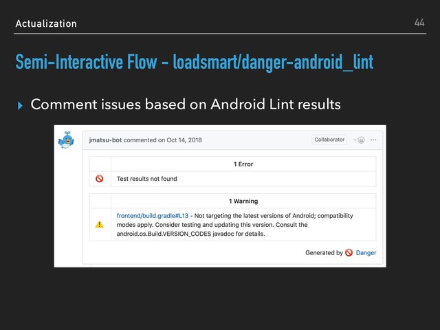Actualization
Semi-Interactive Flow - loadsmart/danger-android_lint
▸ Comment issues based on Android Lint results
44
