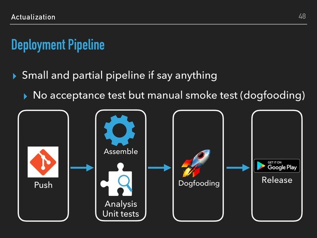 Actualization
Deployment Pipeline
▸ Small and partial pipeline if say anything
▸ No acceptance test but manual smoke test (dogfooding)
48
Push
Analysis
Unit tests
Assemble 
Dogfooding
Release

