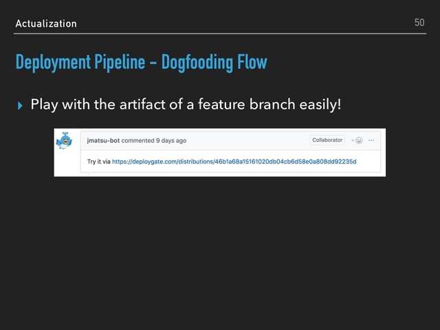 Actualization
Deployment Pipeline - Dogfooding Flow
▸ Play with the artifact of a feature branch easily!
50
