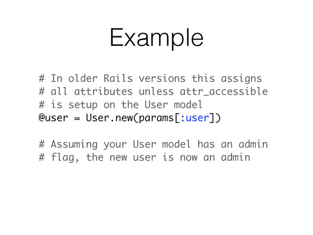 Example
# In older Rails versions this assigns
# all attributes unless attr_accessible
# is setup on the User model
@user = User.new(params[:user])
# Assuming your User model has an admin
# flag, the new user is now an admin
