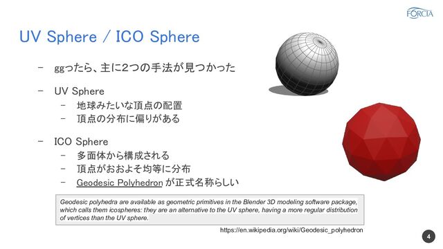UV Sphere / ICO Sphere 
4
- ggったら、主に２つの手法が見つかった 
 
- UV Sphere 
- 地球みたいな頂点の配置 
- 頂点の分布に偏りがある 
 
- ICO Sphere 
- 多面体から構成される 
- 頂点がおおよそ均等に分布 
- Geodesic Polyhedron が正式名称らしい 
Geodesic polyhedra are available as geometric primitives in the Blender 3D modeling software package,
which calls them icospheres: they are an alternative to the UV sphere, having a more regular distribution
of vertices than the UV sphere.
https://en.wikipedia.org/wiki/Geodesic_polyhedron
