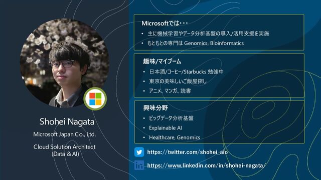 Shohei Nagata
Microsoft Japan Co., Ltd.
Cloud Solution Architect
(Data & AI)
https://www.linkedin.com/in/shohei-nagata/
Microsoftでは・・・
• 主に機械学習やデータ分析基盤の導入/活用支援を実施
• もともとの専門は Genomics, Bioinformatics
趣味/マイブーム
• 日本酒/コーヒー/Starbucks 勉強中
• 東京の美味しいご飯屋探し
• アニメ、マンガ、読書
興味分野
• ビッグデータ分析基盤
• Explainable AI
• Healthcare, Genomics
https://twitter.com/shohei_aio
