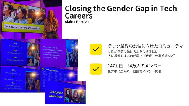 Closing the Gender Gap in Tech
Careers
人に投資をするのが早い（教育、仕事斡旋など）
女性が平等に働けるようにするには
テック業界の女性に向けたコミュニティ
世界中に広がり、各国でイベント開催
147カ国　34万人のメンバー
Alaina Percival
