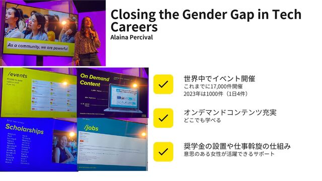 2023年は1000件（1日4件）
これまでに17,000件開催
世界中でイベント開催
どこでも学べる
オンデマンドコンテンツ充実
意思のある女性が活躍できるサポート
奨学金の設置や仕事斡旋の仕組み
Closing the Gender Gap in Tech
Careers
Alaina Percival
