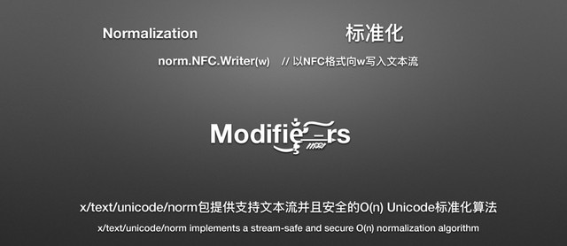 Modiﬁ ͜
ȩ̶̧̧̧̧̛̛̣̣̣͚᤹᤹᤹᤹᤹᤹́̐́́́͢͠rs
x/text/unicode/norm۱൉׀ඪ೮෈๜ၞଚӬਞقጱO(n) Unicodeຽٵ۸ᓒဩ
norm.NFC.Writer(w) // զNFC໒ୗݻwٟف෈๜ၞ
ຽٵ۸
Normalization
x/text/unicode/norm implements a stream-safe and secure O(n) normalization algorithm
