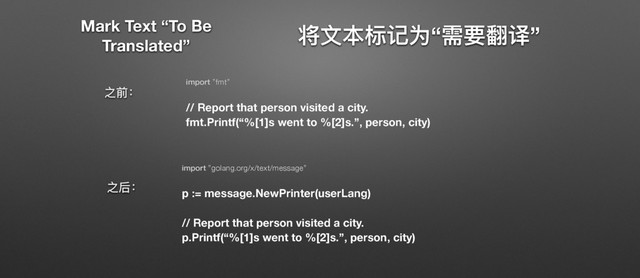 ਖ਼෈๜ຽᦕԅ“ᵱᥝᘉᦲ”
import ”fmt”

// Report that person visited a city.
fmt.Printf(“%[1]s went to %[2]s.”, person, city)
import ”golang.org/x/text/message”

p := message.NewPrinter(userLang)
// Report that person visited a city.
p.Printf(“%[1]s went to %[2]s.”, person, city)
ԏڹғ
ԏݸғ
Mark Text “To Be
Translated”
