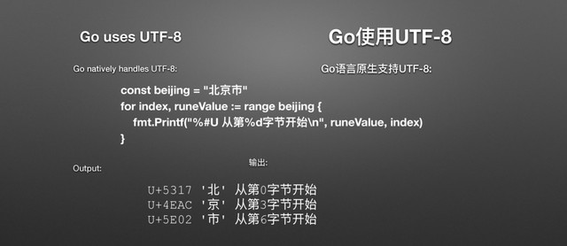 GoֵአUTF-8
const beijing = "۹Ղ૱"
for index, runeValue := range beijing {
fmt.Printf("%#U ՗ᒫ%dਁᜓ୏ত\n", runeValue, index)
}
Go᧍᥺ܻኞඪ೮UTF-8:
ᬌڊ:
U+5317 '۹' ՗ᒫ0ਁᜓ୏ত
U+4EAC 'Ղ' ՗ᒫ3ਁᜓ୏ত
U+5E02 '૱' ՗ᒫ6ਁᜓ୏ত
Go natively handles UTF-8:
Go uses UTF-8
Output:
