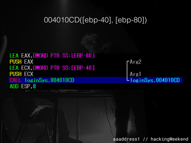 aaaddress1 // hackingWeekend
004010CD([ebp-40], [ebp-80])
