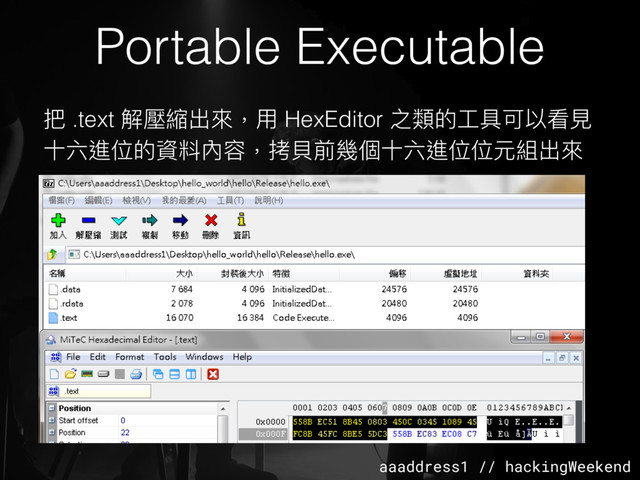 aaaddress1 // hackingWeekend
Portable Executable
把 .text 解壓縮出來來，⽤用 HexEditor 之類的⼯工具可以看⾒見見
⼗十六進位的資料內容，拷⾙貝前幾個⼗十六進位位元組出來來
