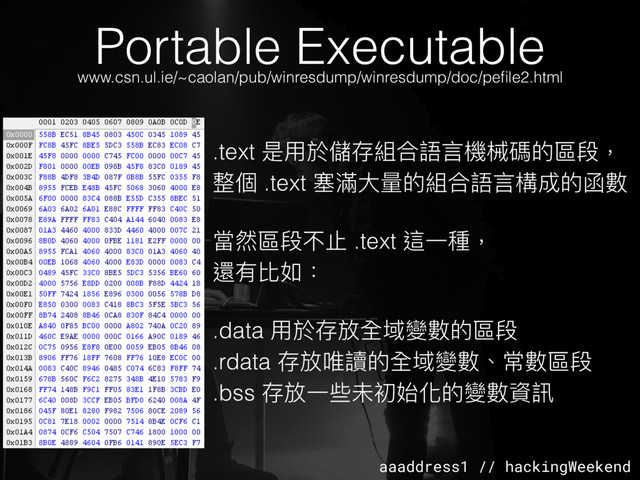 aaaddress1 // hackingWeekend
Portable Executable
.text 是⽤用於儲存組合語⾔言機械碼的區段，
整個 .text 塞滿⼤大量量的組合語⾔言構成的函數
當然區段不⽌止 .text 這⼀一種，
還有比如：
.data ⽤用於存放全域變數的區段
.rdata 存放唯讀的全域變數、常數區段
.bss 存放⼀一些未初始化的變數資訊
www.csn.ul.ie/~caolan/pub/winresdump/winresdump/doc/peﬁle2.html
