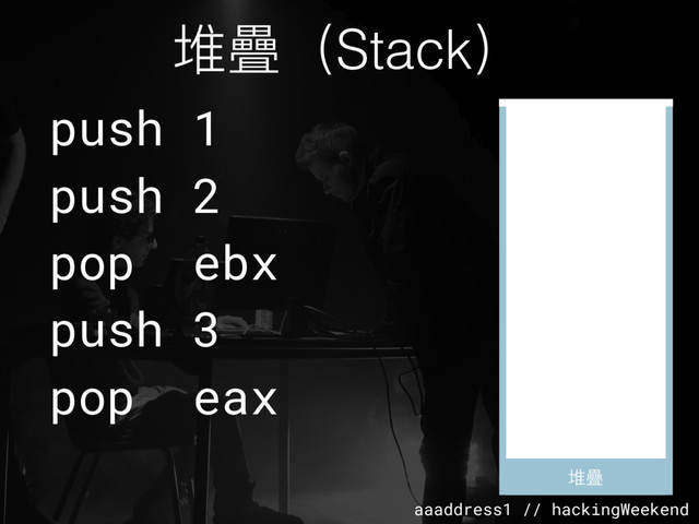 aaaddress1 // hackingWeekend
堆疊（Stack）
堆疊
堆疊
push 1
push 2
pop ebx
push 3
pop eax
