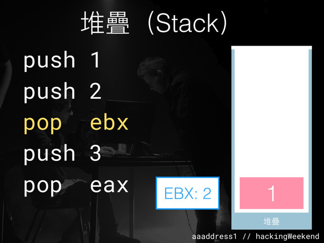 aaaddress1 // hackingWeekend
堆疊（Stack）
堆疊
堆疊
push 1
push 2
pop ebx
push 3
pop eax 1
EBX: 2
