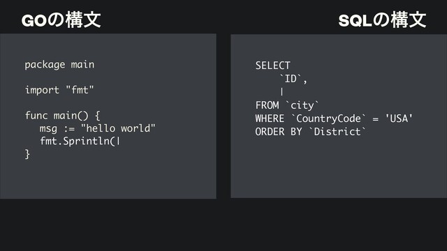 GOͷߏจ
package mai
n

import "fmt
"

func main()
{

msg := "hello world
"

fmt.Sprintln(|
}

SELECT
 

`ID`
,

|

FROM `city
`

WHERE `CountryCode` = 'USA
'

ORDER BY `District`
SQLͷߏจ
